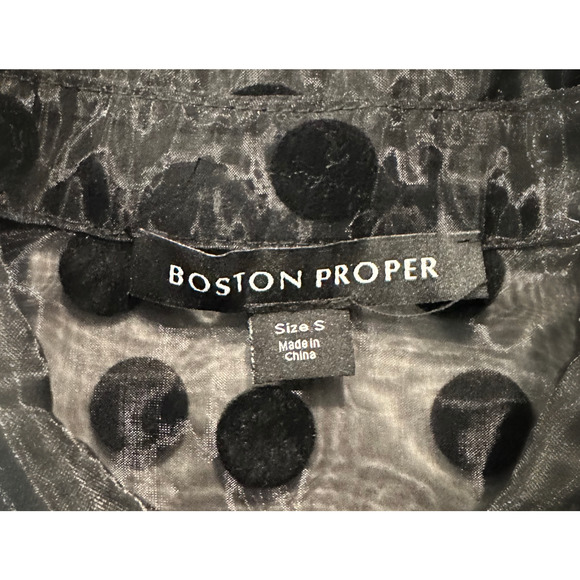 Boston Proper Sheer Black Polka Dot 3/4 Sleeve Button Up Collar Blouse sze Small - Picture 3 of 8